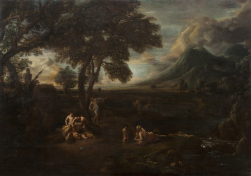 lico obrazu. Tajemniczy krajobraz z rzeką. Jest rozjaśniony nikłym światłem słonecznym. Na bliższym planie sylwety drzew. Daleko w tle góry i ciężkie chmury na gasnącym niebie. Punktowo oświetlone grupy postaci. Dorośli i dzieci w dynamicznych pozach są skąpo ubrani i mali wobec majestatycznej scenerii.