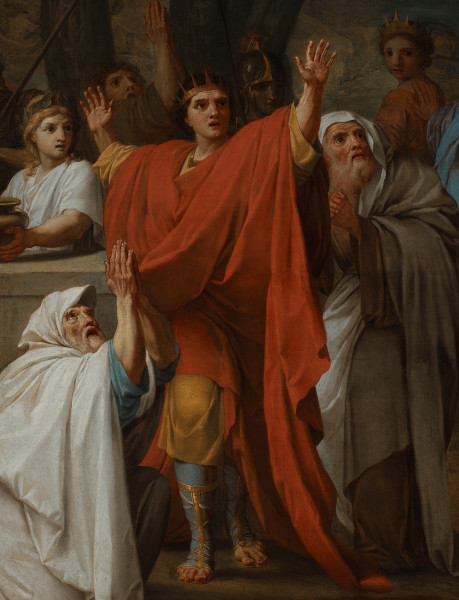 Fragment lica obrazu. Zbliżenie na grupę postaci zgromadzonych przy ołtarzu. Postać usytuowana w centrum kompozycji, mająca koronę na głowie, ubrana jest w szkarłatny płaszcz, wznosi do góry ramiona. Tuż przed nią, na lewo, klęczy obleczony białym suknem starzec, który złożone błagalnie ręce unosi w kierunku prawej krawędzi kompozycji. Za plecami króla widać w tle wyraźnie poruszonych zdarzeniem ludzi.