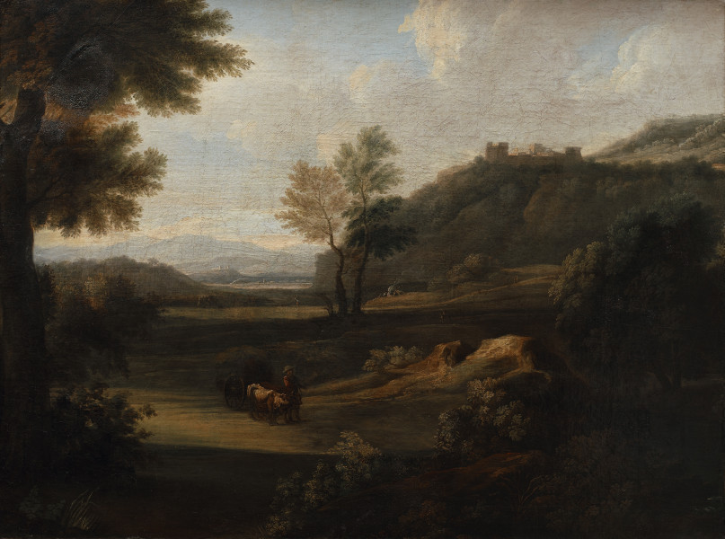 Lico obrazu. Na pierwszym planie, w głębokim cieniu drzewa i zarośla. Nieco w głębi, na środku kompozycji, oświetlony plamą światła, idzie ku nam wieśniak prowadzący dwie, zaprzężone do wozu z sianem krowy. Na dalszym planie ocieniona wysokimi drzewami dolina ciągnąca się aż po zamknięty zamglonym pasmem górskim horyzont. W dolinie, gdzieniegdzie drobne postacie pasterzy i wędrowców, snują się dymy ognisk. Prawą część kompozycji zamyka skaliste wzgórze zwieńczone murami miasta.