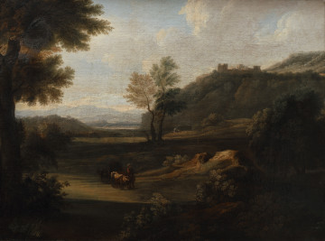 Lico obrazu. Na pierwszym planie, w głębokim cieniu drzewa i zarośla. Nieco w głębi, na środku kompozycji, oświetlony plamą światła, idzie ku nam wieśniak prowadzący dwie, zaprzężone do wozu z sianem krowy. Na dalszym planie ocieniona wysokimi drzewami dolina ciągnąca się aż po zamknięty zamglonym pasmem górskim horyzont. W dolinie, gdzieniegdzie drobne postacie pasterzy i wędrowców, snują się dymy ognisk. Prawą część kompozycji zamyka skaliste wzgórze zwieńczone murami miasta.