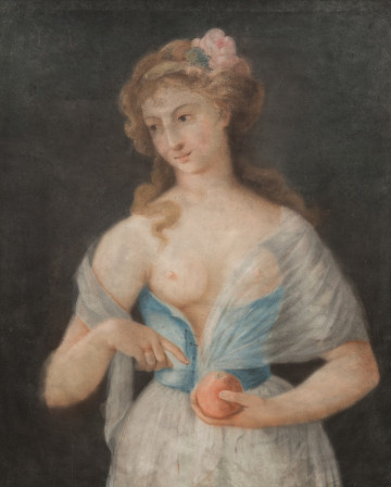 lico obrazu. Półpostać z nagą piersią. Ciało na wprost, głowa i oczy zwrócone w prawo. Dziewczę trzyma owoc, który wskazuje drugą ręką. Jest w białej spódnicy i rozwiązanym gorsecie. Swobodnie okryta tiulem, przez który widać drugą pierś. Ma jasną cerę i delikatne rysy. Blond pukle zdobi jasna róża.