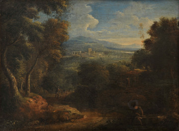 lico obrazu. Droga wijąca się między leśnymi pagórami. Las porasta rozległą równinne. Daleko w tle szczyty gór. U podnóża gór budowla przypominająca zamek. W prawym dolnym rogu, na zacienionym przydrożu, siedzi strapiona postać. Na ścieżce mężczyzna z osłem. Zmierzają w stronę budowli.