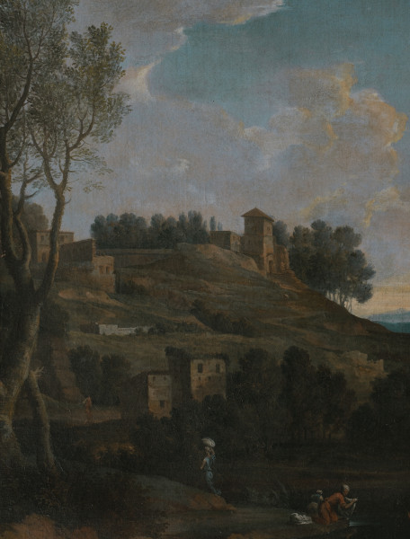 Fragment lica obrazu. Kompozycja jest wykadrowaną lewą częścią całości obrazu. Na pierwszym planie, w dolnej części, leśny strumień ocieniony drzewami. Dalej, nad lewym brzegiem, klęczą praczki. W oddali wyłania się wzgórze, zwieńcza je fragment murów miejskich z basztą. W tle błękitne niebo.