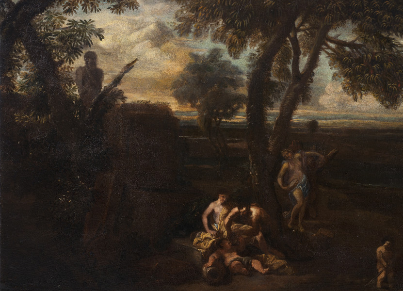 fragment lica obrazu. Ciemne bliskie plany. W tle niebo z kłębiastymi chmurami. Pierwszoplanowe drzewa nie mieszczą się w kadrze. Pod drzewem kontrastowo oświetlona grupa trzech postaci w parterze. Obok, w zaciemnieniu, stoi kobieta. W prawym dolnym rogu dziecko. Między drzewami kamienny tors mężczyzny.