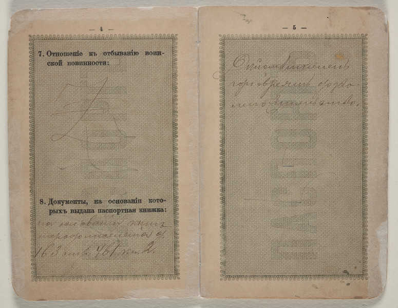 7. Stosunek do służby wojskowej:

[znak zakreślenia]

8. Dokumenty, na podstawie których został wydany paszport:

[odr.] na podstawie ksiąg ludności d. 163 str. 461 ks. 2.