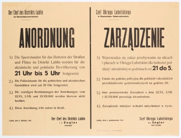 H/531/MRK/ML - Zarządzenie o godzinie policyjnej w godz. od 21 do 5 dla ludności polskiej i ukraińskiej w Okręgu Lubelskim. Wydane przez Szefa Okręgu Lubelskiego w.z. Engler. Afisz drukowany na beżowym papierze.Tekst dwujęzyczny (po niemiecku i po polsku).