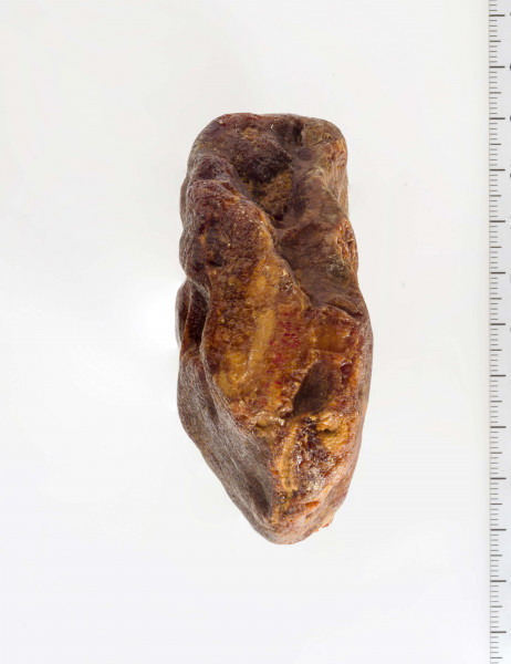 Surowiec, otoczak w całości pokryty korą. Na powierzchni widoczny szlif oraz negatywy odbić.