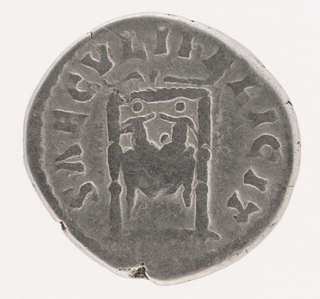 AV. Popiersie cesarzowej w profilu w prawo. W otoku napis:
FAVSTINA  AVGVSTA

RV. Tron z bawiącymi się na nim bliźniętami. W otoku napis:
SAECVLII FELICIT
