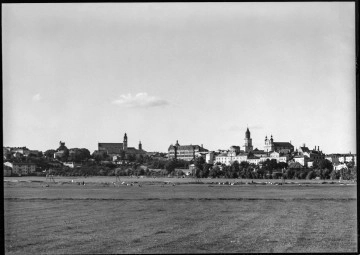 Fotografia czarnobiała z widokiem panoramicznym miasta Lublina od strony ulicy Rusałka, z rejonu doliny rzeki Bystrzycy. Widoczne na pierwszym planie łąki, w oddali zabudowania ulic Narutowicza i Bernardyńskiej, m.in. wieża ciśnień na placu Bernardyńskim (ob. placu Wolności), kościół pobernardyński pw. Nawrócenia św. Pawła, wieża Nowego Ratusza, szczyt Bramy Krakowskiej, fasada Szkoły Handlowej Vetterów, pałac Sobieskich, Wieża Trynitarska, katedra lubelska. 