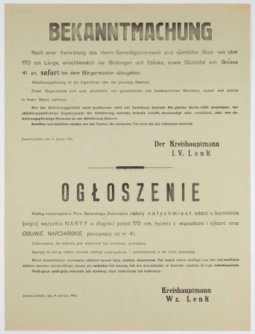 H/540/MRK/ML - Ogłoszenie o oddaniu nart i obuwia narciarskiego. Wydane przez starostę janowskiego Lenka. Afisz drukowany na zielonym papierze. Tekst dwujęzyczny (po niemiecku i po polsku).
