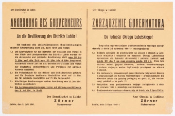 H/532/MRK/ML - Zarządzenie Gubernatora do ludności Okręgu Lubelskiego łagodzące postanowienia zarządzenia z dnia 22 czerwca 1941 r. o godzinie policyjnej. Wydane przez Szefa Okręgu Lubelskiego Gubernatora Zornera. Afisz drukowany na beżowym papierze. Tekst dwujęzyczny (po niemiecku i po polsku).