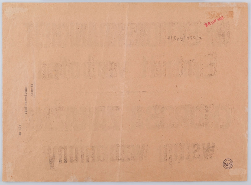 H/569/MRK/ML - Kartka z zakazem wstępu ze względu na chorobę zakaźną. Ogłoszenie drukowane na pomarańczowym papierze, dwujęzyczne (po niemiecku i po polsku) z napisem 
