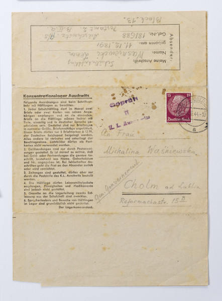 List obozowy napisany w j. niemieckim przez Zenona Waśniewskiego więźnia obozu KL Auschwitz, list napisany do żony Michaliny, 2 strony, pismo od lewej do prawej.