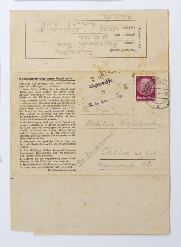 List obozowy napisany w j. niemieckim przez Zenona Waśniewskiego więźnia obozu KL Auschwitz, list napisany do żony Michaliny, 2 strony, pismo od lewej do prawej.