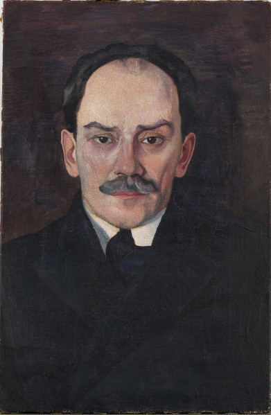 Portret olejny namalowany przez Witkacego. Wzrok pisarza skierwoany na wprost. Włosy czarne, wąsy krótkie. Stefan Żeromski ubrany w białą koszulę, krawat oraz ciemną marynarkę.