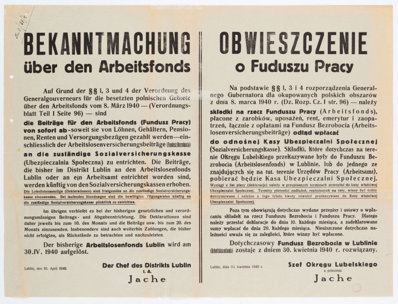 Obwieszczenie o Funduszu Pracy. Afisz drukowany na zielonym papierze. Tekst dwujęzyczny (po niemiecku i po polsku). Podpisane przez Szefa Okręgu Lubelskiego z polecenia Jache.