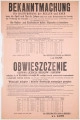 Obwieszczenie o nadaniu prawnej licencji dla buhajów i knurów w gminach powiatu janowskiego. Afisz drukowany na pomarańczowym papierze. Tekst dwujęzyczny (o niemiecku i po polsku). Wydane przez zastępcę starosty janowskiego Ramma.