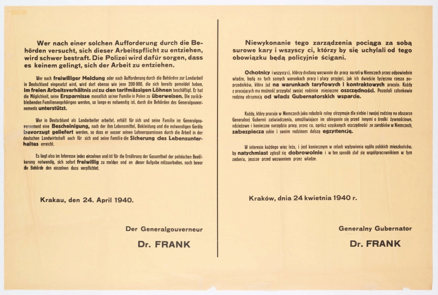 H/527/MRK/ML - Zarządzenie o poborze na roboty do Niemiec. Afisz drukowany na żołtym papierze. Tekst dwujęzyczny (po niemiecku i po polsku). Zarządzenie wydane przez generalnego gubernatora H. Franka.