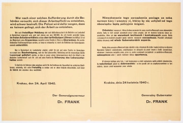 H/527/MRK/ML - Zarządzenie o poborze na roboty do Niemiec. Afisz drukowany na żołtym papierze. Tekst dwujęzyczny (po niemiecku i po polsku). Zarządzenie wydane przez generalnego gubernatora H. Franka.