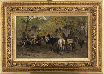 S/Mal/1773/ML Scena rodzajowa w scenerii jesiennej przyrody. Na szerokiej alei, przed ogrodzeniem parku grupa zwierząt i pilnujących je dzieci. Po prawej stronie wóz zaprzężony w dwa konie, przy nim trzy osiodłane wierzchowce. Po lewej postacie wiejskich chłopców - przy ogrodzeniu dwaj starsi w krakowskich ubiorach - jeden oparty o słup, drugi siedzący na murku, grają w karty. Obok nich najmłodszy, kilkuletni trzyma na smyczy trzy psy myśliwskie. Na żerdziach płotu siedzą dwa