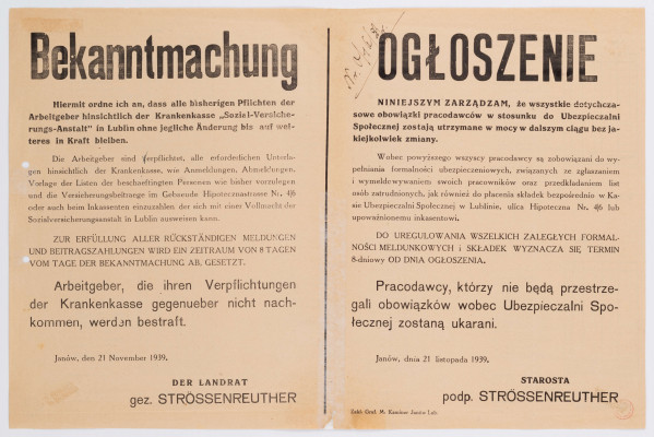H/486/MRK/ML - Ogłoszenie o obowiązku ubezpieczania pracowników przez pracodawców w Ubezpieczalni Społecznej. Afisz drukowany na beżowym papierze. Ogłoszenie dwujęzyczne (po niemiecku i po polsku).Określa obowiązki pracodawców wobec Ubezpieczalni Społecznej i grozi karą za nie wywiązanie się z nich. Podpisane przez Starostę Strossenreuthera. Okupacja hitlerowska.