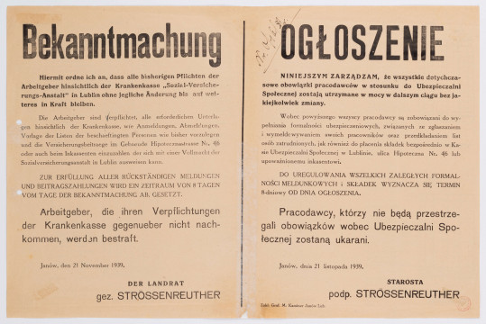 H/486/MRK/ML - Ogłoszenie o obowiązku ubezpieczania pracowników przez pracodawców w Ubezpieczalni Społecznej. Afisz drukowany na beżowym papierze. Ogłoszenie dwujęzyczne (po niemiecku i po polsku).Określa obowiązki pracodawców wobec Ubezpieczalni Społecznej i grozi karą za nie wywiązanie się z nich. Podpisane przez Starostę Strossenreuthera. Okupacja hitlerowska.