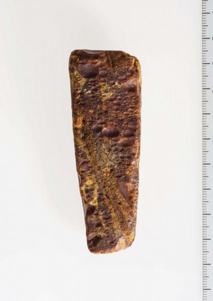 Surowiec bursztynowy, wstępnie obrobiony w formie wydłużonego trapezu. Surowiec w całości pokryty korą, widoczne ślady obróbki mechanicznej fragmentów płaszczyzn.