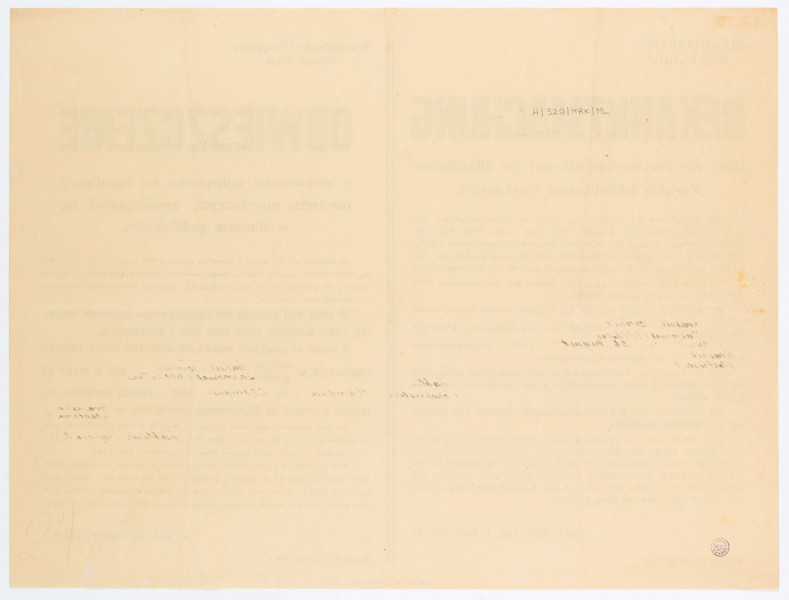 H/529/MRK/ML - Obwieszczenie o obowiązku zgłaszania do legalizacji narzedzi mierniczych, znajdujących się w obrocie publicznym. Wydane przez Warszawski Okręgowy Urząd Miar. Afisz drukowany na beżowym papierze. Tekst dwujęzyczny (po niemiecku i po polsku).