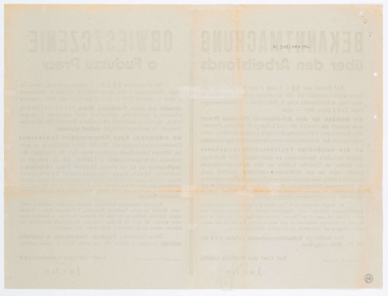 H/518/MRK/ML - Obwieszczenie o Funduszu Pracy. Afisz drukowany na zielonym papierze. Tekst dwujęzyczny (po niemiecku i po polsku). Podpisane przez Szefa Okręgu Lubelskiego z polecenia Jache.