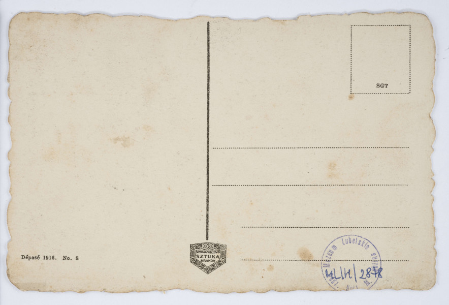 Pocztówka sepiowana z widokiem na Teatr Miejski i zabudowę dawnej ul. Namiestnikowskiej (obecnie Narutowicza) w Lublinie
AWERS: Widok na otwierającą się perspektywę ulicy z gmachem Teatru Miejskiego po prawej stronie. Na rogu budynku słup na afisze teatralne. Pośrodku brukowanej ulicy wysoka latarnia. Po lewej i w głębi gęsta zabudowa. Tłum przechodniów. Wzdłuż chodników drzewa. Pocztówka o ząbkowanych brzegach. Pod fotografią na białym polu napis informacyjny. 
REWERS: Linatura w kolorze czarnym. Wyznaczone miejsce na korespondencje, adres i znaczek pocztowy. Pośrodku dolnej krawędzi znak graficzny wydawcy w postaci stylizowanej tarczy. W l. d. rogu drukiem data wydania i numer serii. Brak śladów obiegu pocztowego. 

