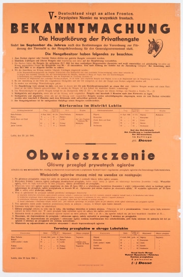 Obwieszczenie o głównym przeglądzie prywatnych ogierów w okręgu lubelskim. Afisz drukowany na pomarańczowym papierze. Tekst dwujęzyczny (po niemiecku i po polsku). Obwieszczenie wydane przez Urząd Szefa Okręgu, Wydział Wyżywienia i Rolnictwa, komisja przeglądowa. Podpisał Dosse.