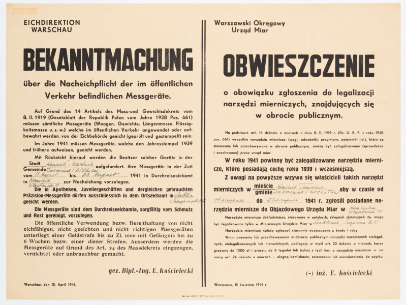 H/529/MRK/ML - Obwieszczenie o obowiązku zgłaszania do legalizacji narzedzi mierniczych, znajdujących się w obrocie publicznym. Wydane przez Warszawski Okręgowy Urząd Miar. Afisz drukowany na beżowym papierze. Tekst dwujęzyczny (po niemiecku i po polsku).