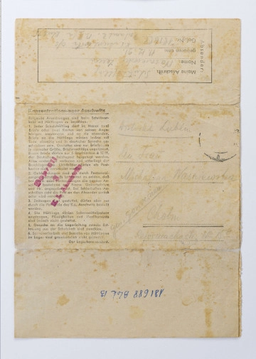 List obozowy napisany w j. niemieckim przez Zenona Waśniewskiego więźnia obozu KL Auschwitz, list napisany do żony Michaliny, 2 strony, pismo od lewej do prawej.