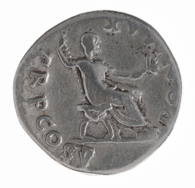 Av.: Popiersie cesarza w prawo. W otoku, od prawej: IMP CAESAR VESP AVG

Rv.: Cesarz siedzący na krześle kurulnym w prawo, trzymający berło i gałązkę. W otoku, od prawej: PON MAX – TR P COS V
