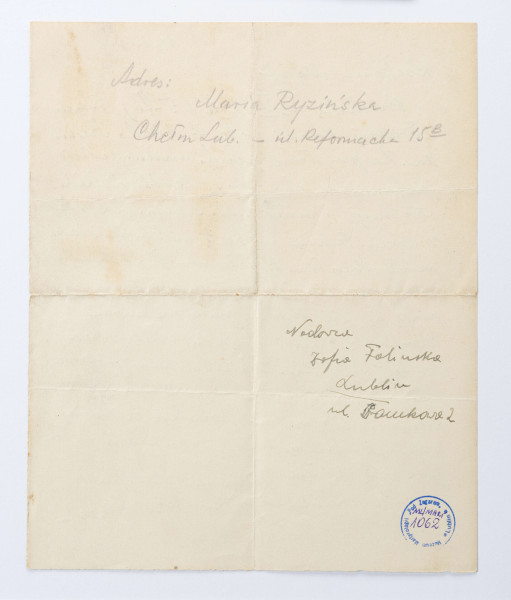 Gryps napisany przez Zenona Waśniewskiego przebywającego w obozie KL Lublin, gryps adresowany do żony Michaliny, 2 strony, pismo od lewej do prawej.