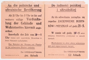 H/533/MRK/ML - Odezwa do ludności polskiej i ukraińskiej w sprawie zaciemnienia budynków i mieszkań w godz. 21-5. Podpisał Der Kreishauptman (starosta) Asbach. Afisz drukowany na pomarańczowym papierze. Tekst dwujęzyczny (po niemiecku i po polsku).