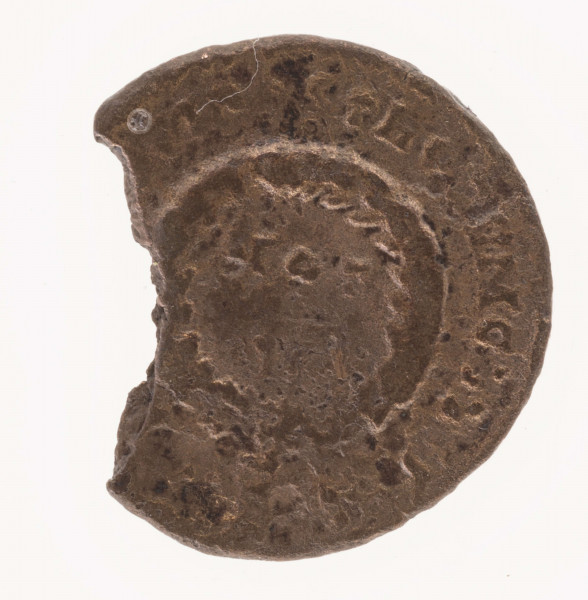 AV. Popiersie Kryspusa w zbroi w profilu w prawo. Na jego głowie podwójny wieniec laurowy. W otoku napis: 
[CRIS] PVS NOB CAES

RV. W wieńcu z liści laurowych napis:
VOT / V
W otoku napis:
[DOMINORV]M N[O]STRORVM C[AE]S

Moneta ułamana.