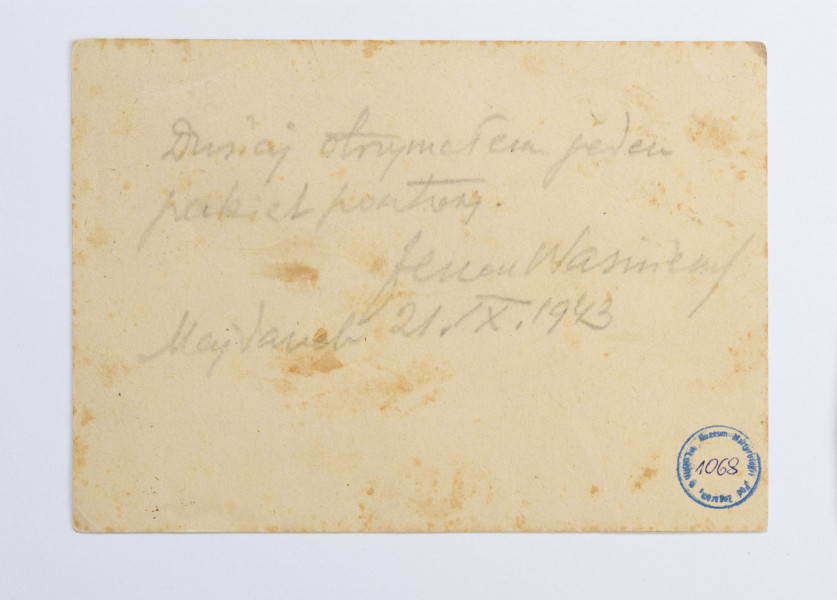 Kartka pocztowa wysłana przez Zenona Waśniewskiego więźnia obozu KL Lublin do żony Michaliny Waśniewkiej.