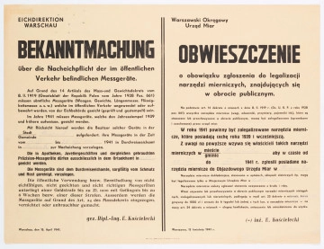 H/534/MRK/ML - Obwieszczenie o obowiązku zgłaszania do legalizacji narzedzi mierniczych, znajdujących się w obrocie publicznym. Wydane przez Warszawski Okręgowy Urząd Miar. Podpisane przez inżyniera Kościeleckiego. Dwujęzyczne (po niemiecku i po polsku). 