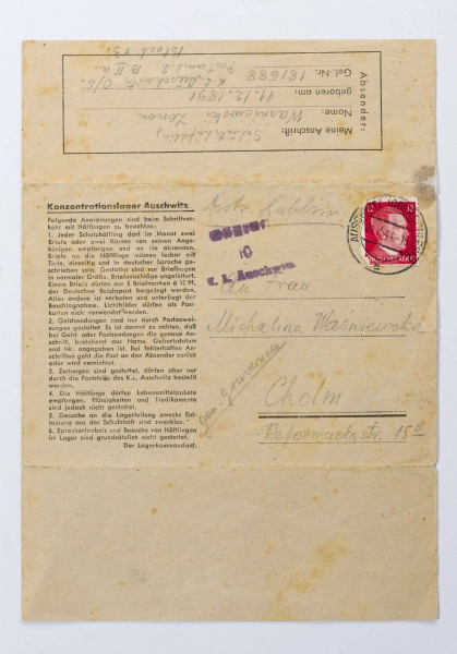 List obozowy napisany w j. niemieckim przez Zenona Waśniewskiego więźnia obozu KL Auschwitz, list napisany do żony Michaliny, 2 strony, pismo od lewej do prawej.