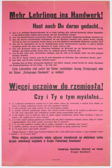 Obwieszczenie o naborze do szkół rzemieślniczych. Afisz drukowany na różowym papierze. Tekst dwujęzyczny (po niemiecku i po polsku).
