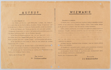 Wezwanie do zdawania broni i amunicji przez ludnosć cywilną, natychmiastowego otwarcia sklepów, zwrotu zagrabionych przedmiotów, obniżki cen do poziomu z dnia 1 sierpnia 1939 r. i podporządkowania się zarządzeniom policji oraz wykonywania prac obowiązkowych. Afisz drukowany na bezowym papierze. Tekst dwujęzyczny (po niemiecku i po polsku). Podpisał Starosta Strossenreuther.
