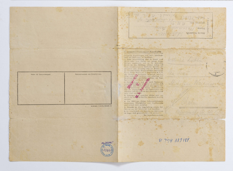 List obozowy napisany w j. niemieckim przez Zenona Waśniewskiego więźnia obozu KL Auschwitz, list napisany do żony Michaliny, 2 strony, pismo od lewej do prawej.