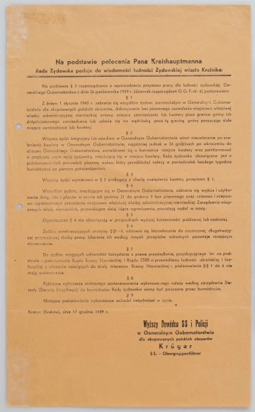 H/583/MRK/ML - Ogłoszenie dotyczące Żydów wydane przez Radę Żydowską miasta Kraśnika. Ogłoszenie porządkowe w języku polskim, podpisane przez SS Obergruppenfuhrera Krugera - Wyższego Dowódcę SS i Policji w Generalnym Gubernatorstwie dla okupowanych polskich obszarów. Afisz drukowany na beżowym papierze.