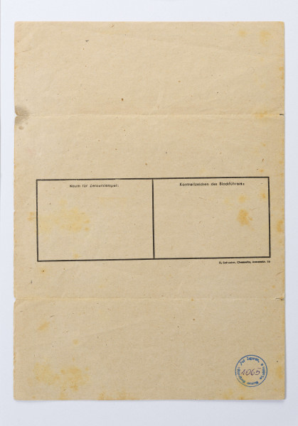 List obozowy napisany w j. niemieckim przez Zenona Waśniewskiego więźnia obozu KL Auschwitz, list napisany do żony Michaliny, 2 strony, pismo od lewej do prawej.