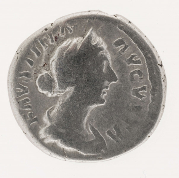 AV. Popiersie cesarzowej w profilu w prawo. W otoku napis:
FAVSTINA  AVGVSTA

RV. Tron z bawiącymi się na nim bliźniętami. W otoku napis:
SAECVLII FELICIT
