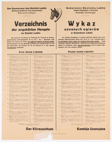 H/496/MRK/ML Wykaz uznanych ogierów w Dystrykcie Lublin. Afisz drukowany na beżowym papierze. Tekst dwujęzyczny (niemiecko-polski). Obwieszczenie wydane przez Komisję Licencyjną.