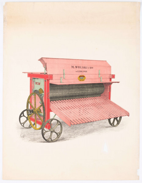 ML/H/738 - Plakat (lub projekt plakatu) Spółki Akcyjnej Fabryki Maszyn i Narzędzi Rolniczych M. Wolski i S-ka w Lublinie przy ul. Foksal 16 (obecnie 1 Maja) z oddziałami w Hrubieszowie i Zamościu. Pośrodku rysunek młockarni do prostej słomy przeznaczonej do krycia strzechy. Urządzenie na metalowych kołach z zębatymi turbinami i wysuniętym rowkowanym podajnikiem. Druk kolorowy. Maszyna w barwach czerwieni z elementami zieleni, żółci i szarości. Nazwa producenta pojawia się na reklamowanym obiekcie. W l.d. rogu graficznego przedstawienia sygnatura „WJ” [?] autora projektu. 