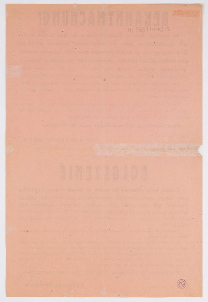 H/565/MRK/ML - Ogłoszenie dotyczące zakazu wynajmu lokali w Kraśniku, wydane przez Kreishauptmanna (starostę). Afisz drukowany na rózowym papierze. Ogłoszenie mówi o konieczności posiadania pisemnego zezwolenia na wynajmowanie lokali w Kraśniku, o zakazie wynajmu bez zezwolenia i wymiarze kar za to. Ogłoszenie dwujęzyczne (po niemiecku i po polsku).