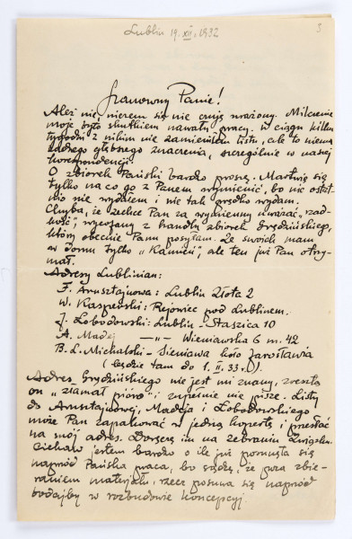 List Józefa Czechowicza do Stanisława Czernika, Lublin, 19.12.1932 r., wym. 21,4 x 13,5 cm, k. 3-4 r. 
Prawdopodobnie do niniejszego  listu została dołączona karta z przepisanym tekstem recenzji M. Bibrowskiego tomu poetyckiego J. Czechowicza 